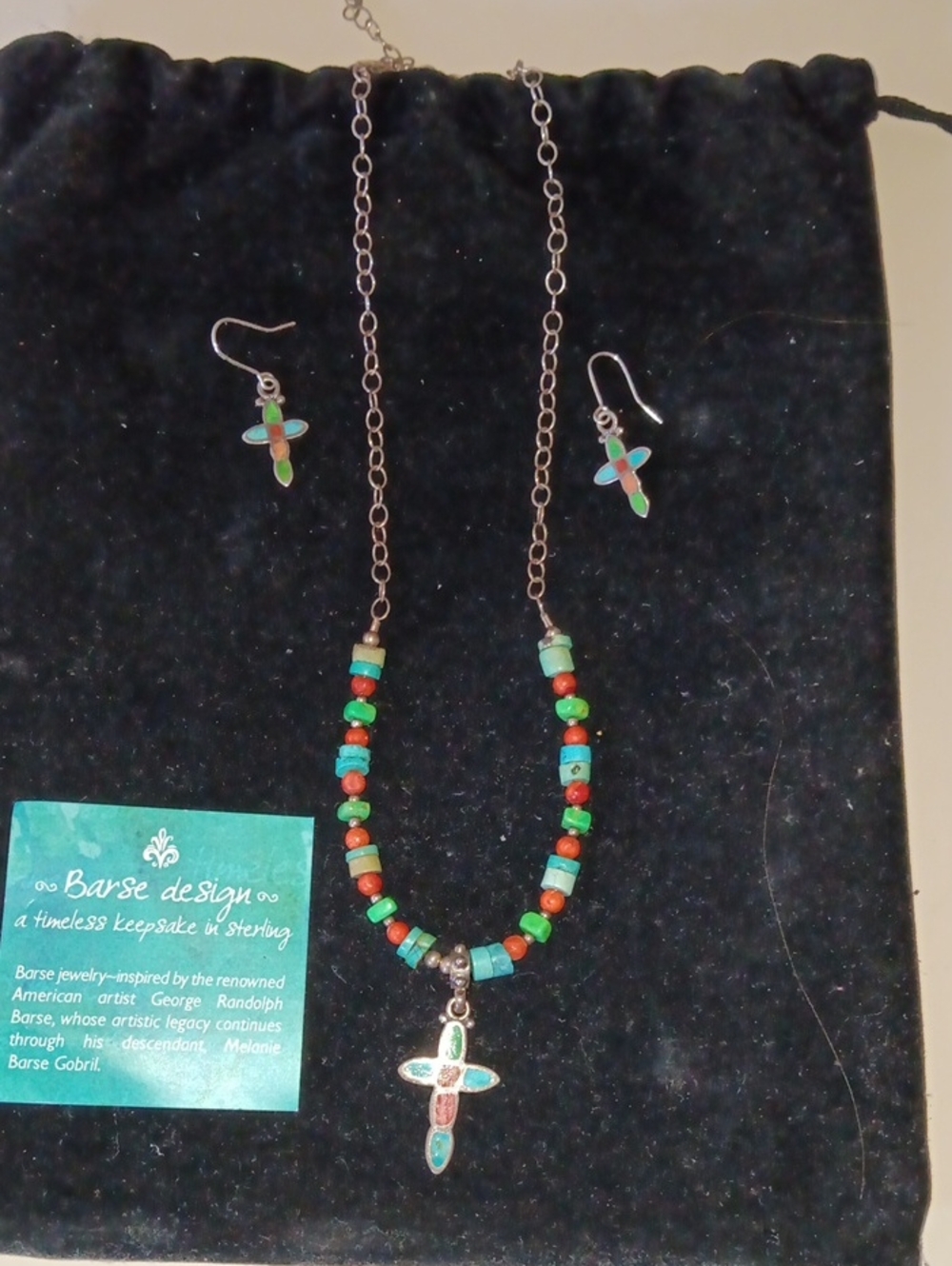 Beaded Cross Necklace and Earrings Set in 3 Multicolor Stones from Barse